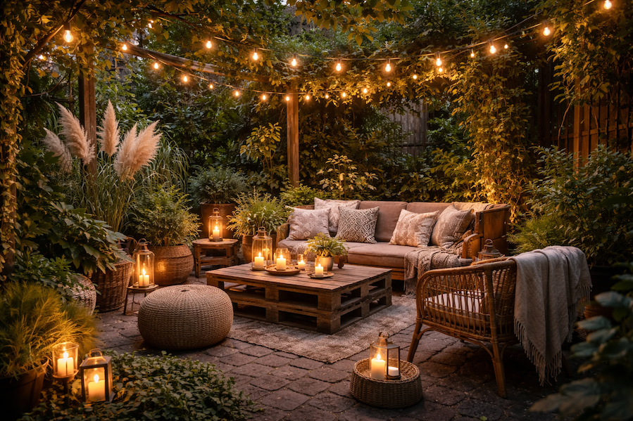 mysig-bohemisk-tradgard-med-ljusslingor-vaxter-och-sittplatser-16×9 Mysig bohemisk trädgård med ljusslingor, frodiga växter och sittplatser med kuddar och lyktor i varmt kvällsljus.